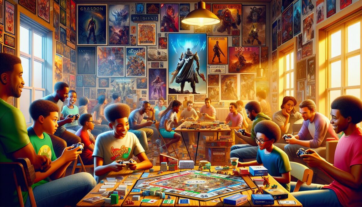 Affiche : "Jeu en D - Dixit, Dobble, Destiny 2 et plus, joueurs de tous âges dans une ambiance ludique colorée."