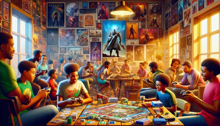Affiche : "Jeu en D - Dixit, Dobble, Destiny 2 et plus, joueurs de tous âges dans une ambiance ludique colorée."