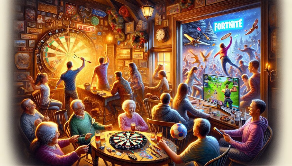 Illustration de jeux commençant par la lettre F en français : Flechettes, Flamme Rouge, Fortnite, Frisbee.