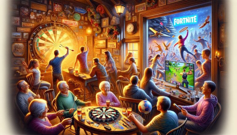 Illustration de jeux commençant par la lettre F en français : Flechettes, Flamme Rouge, Fortnite, Frisbee.