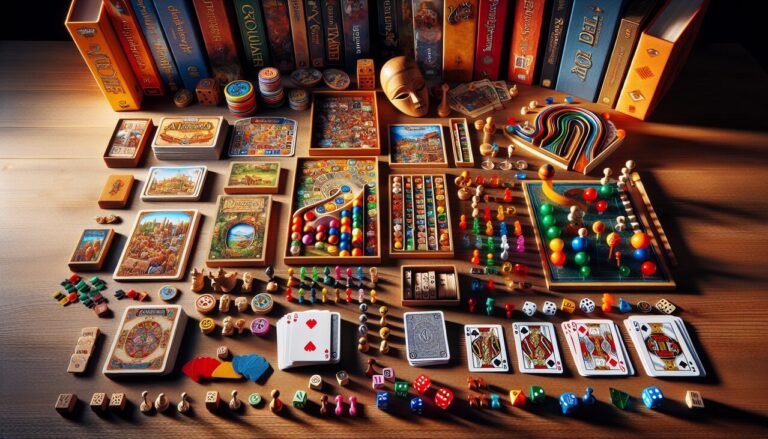 Photo de jeux de société Guillaume Tell, Gravitrax et Gobbit sur table en bois, éclairage mettant en valeur les détails.
