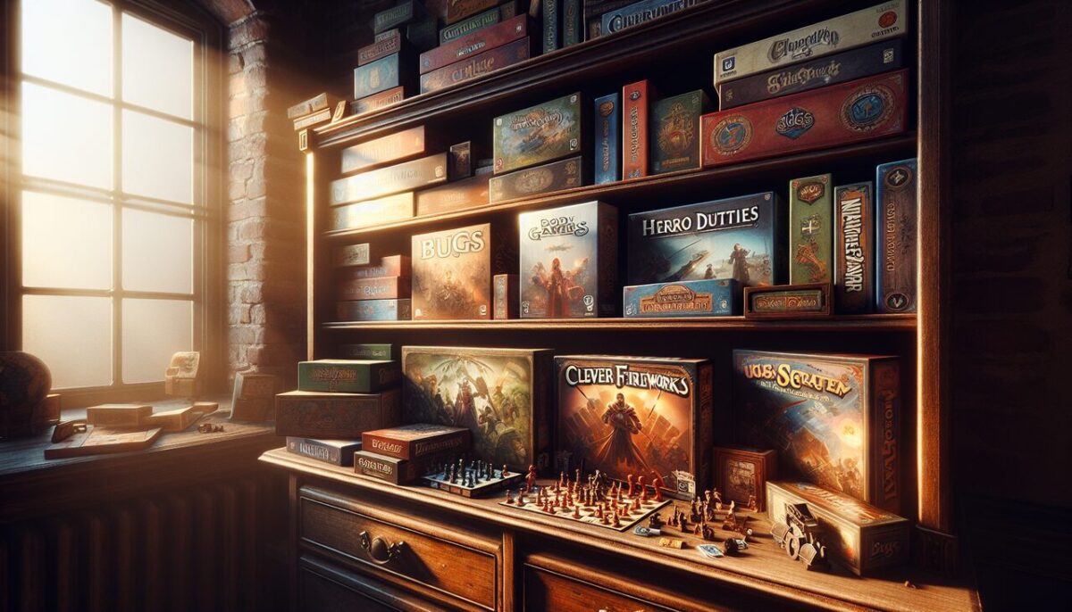 Affiche "Jeux en H" : "HeroQuest", "Hanabi", "Hive", "Hippo" alignés sur une étagère en bois vintage.