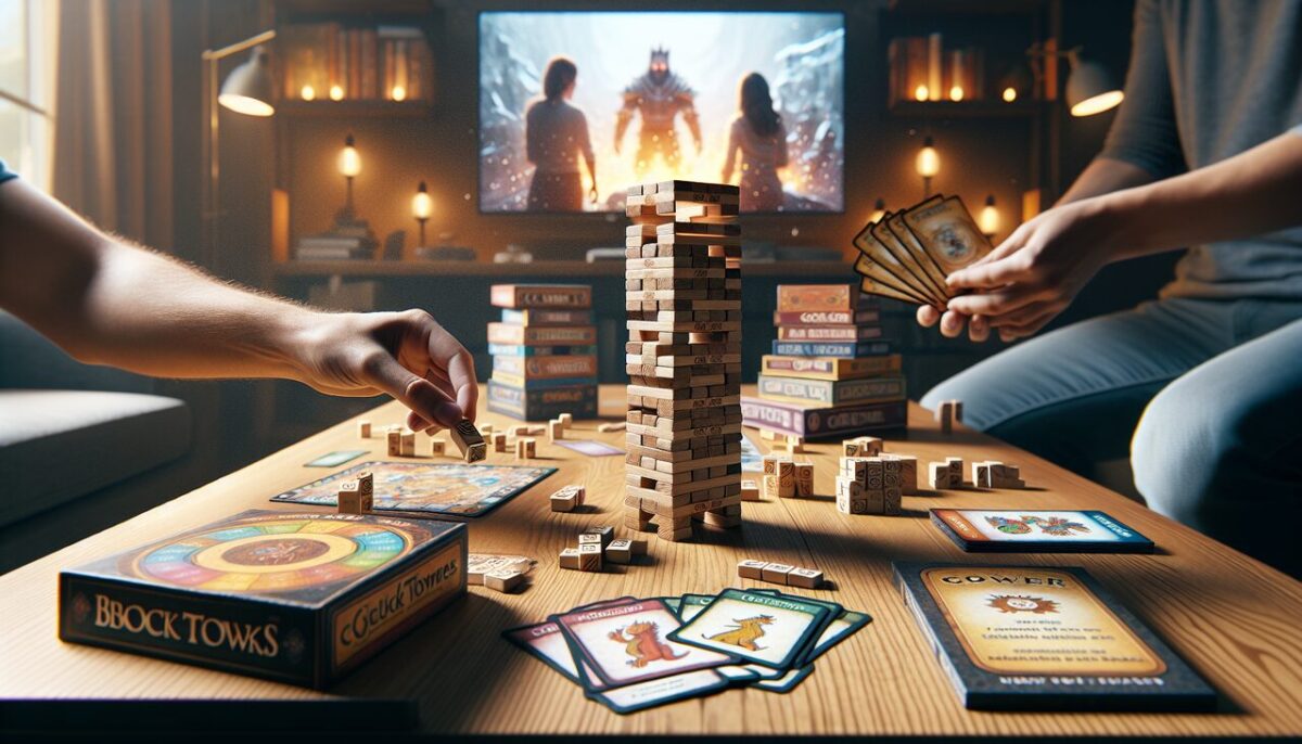 Affichage de jeux de société débutant par la lettre J sur table en bois éclairée doucement.Favorise textures et couleurs des jeux.