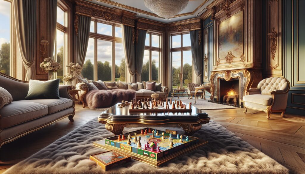 Montre le jeu en L dans un salon luxueux avec des jeux de société sur une table en bois brillant.
