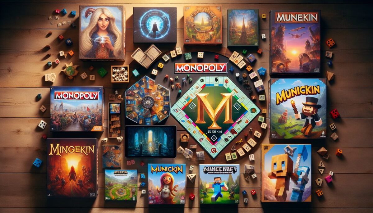Affiche : Jeu en M - Monopoly, Munchkin, Minecraft sur fond de jeux de société divers.