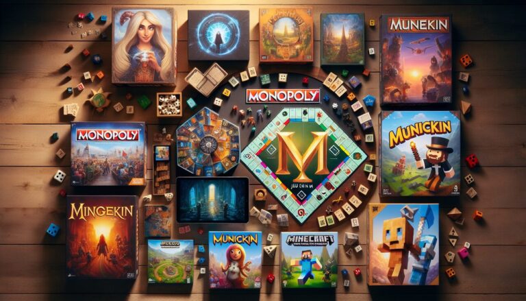 Affiche : Jeu en M - Monopoly, Munchkin, Minecraft sur fond de jeux de société divers.