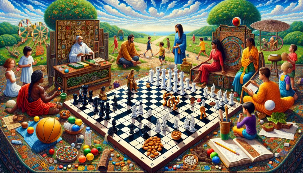 Illustration de jeux en O : Othello, Oball, Oware et Sudoku dans un parc.