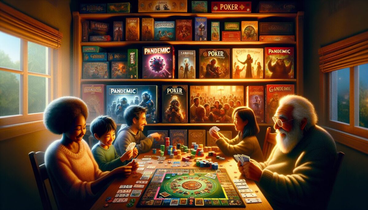 Jeux en P, collection variée sur une étagère organisée, entourée de joueurs joyeux.