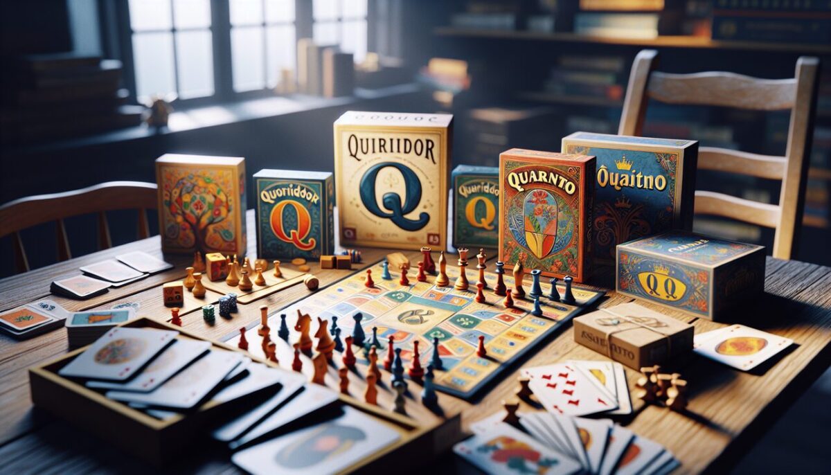 Montage dynamique de jeux commençant par Q : Quoridor, Quarto, Quiz... Ambiance chaleureuse sur table en bois.
