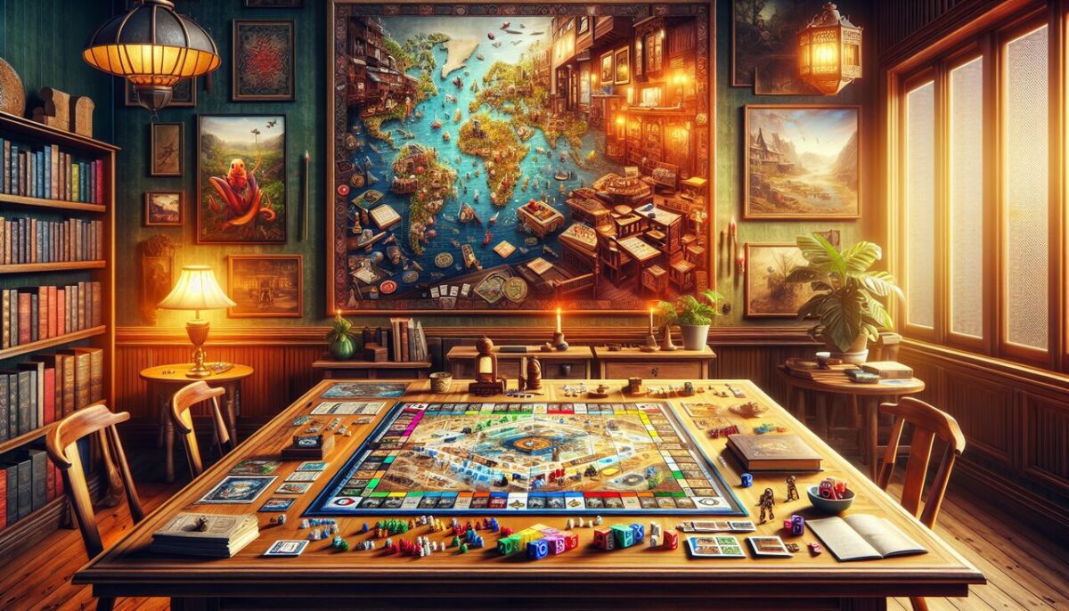 Crée une image de jeu en R : collage de Risk, Rummikub, Rayman sur table en bois éclairée warm light.