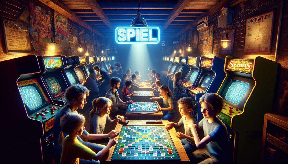 Illustration arcade vivante avec "Spiel", "Scrabble", "Simon Says" & "Street Fighter".