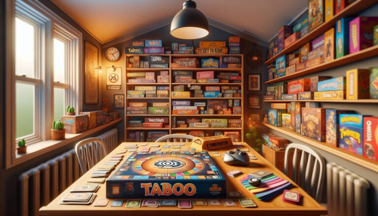 Afficher "Jeu en T" avec plateau de "Taboo", jeux "Ticket to Ride", "Takenoko" & "Twister".