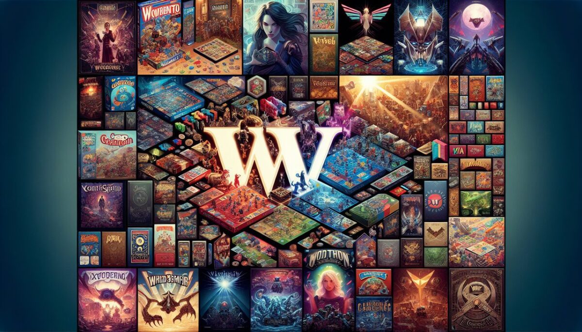 Illustration de jeux en W avec couleurs vives et éléments 2D/3D variés. Titles lisibles mettant en avant différents genres et styles de jeu.