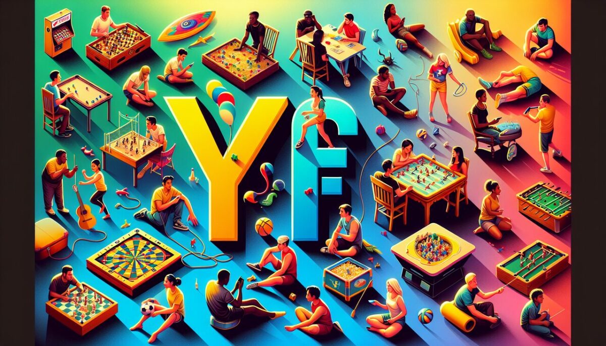 Illustration dynamique de plusieurs jeux commençant par la lettre Y dans un décor ludique.