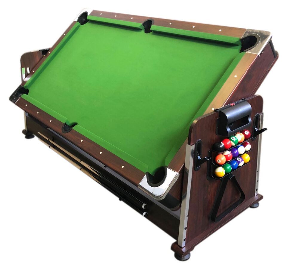 Vue d'ensemble du billard Buffalo Challenger 6FT en version multi-jeux avec tapis vert