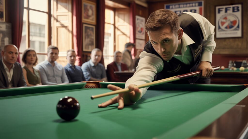 photo réaliste d’un joueur français de billard blackball en pleine compétition dans un club authentique, lumière naturelle et ambiance réaliste