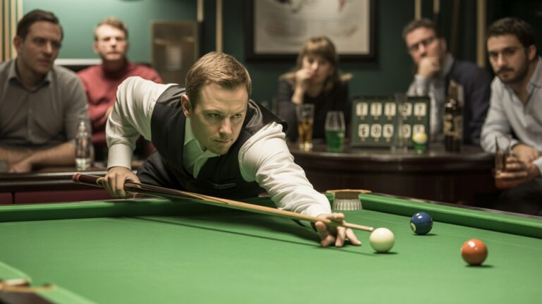 Photo réaliste d’un joueur de billard anglais professionnel concentré lors d’un match dans un club authentique, entouré de spectateurs et d’une ambiance naturelle et vivante.