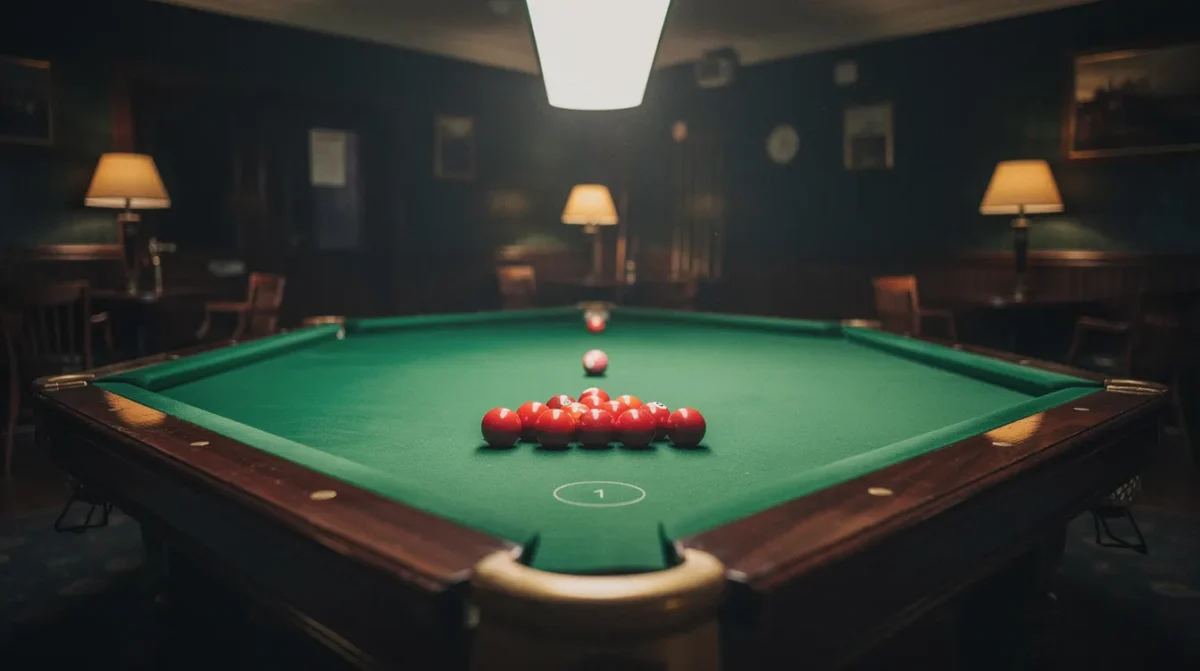 Table de snooker sous sa lampe, billes de couleur sur leurs mouches